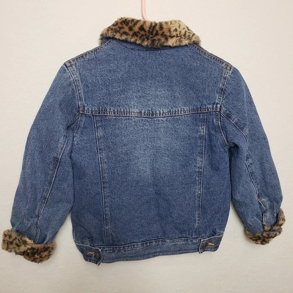 Girls‎ Denim Jacket Leopard Print Fur Collar Cuffs Quilted Lined Blue